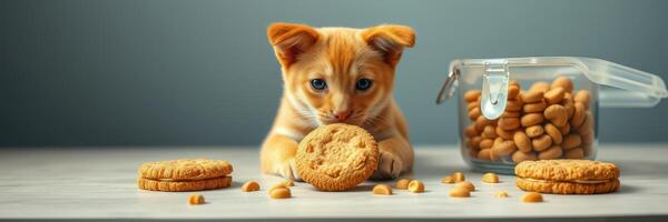 schattig katje spelen met een koekje naast een pot van hond behandelt Aan een keuken teller foto