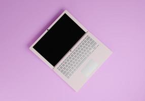realistische laptop 3d computer leeg zwart scherm mockup met toetsenbord kleurrijke paarse kleur op bovenaanzicht met kopie ruimte op paarse achtergrond. 3D-rendering illustratie. foto