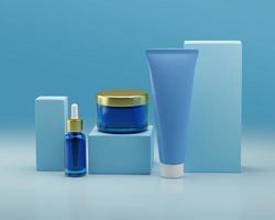 cosmetische set mockup op blauwe achtergrond. 3D-rendering illustratie foto