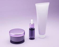 cosmetische set mockup op paarse achtergrond. 3D-rendering illustratie foto