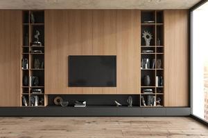 tv gemonteerd hangen aan houten kastenwand in woonkamer met planken en boeken in modern interieur. mockup 3d render illustratie. foto