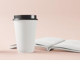 3D-koffiemokken en notitieboekjes die op de vloer rusten foto