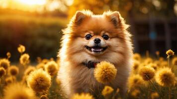 een vrolijk pommeren hond staat temidden van levendig geel bloemen gedurende zonsondergang. foto