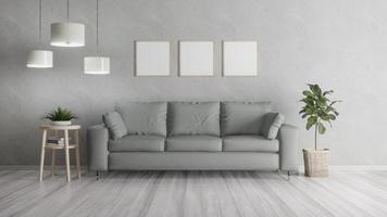 vierkante poster mockup met drie frames op lege witte muur in woonkamer interieur, woonkamer, 3D-rendering foto