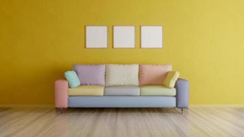 vierkant postermodel met drie frames en kleurrijke bank in de lege woonkamer - 3D-rendering foto