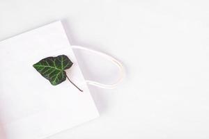 papieren zak met groen blad op witte achterkant. papieren zakken gebruiken voor aankopen in plaats van polyethyleen foto