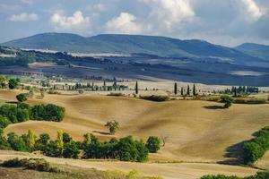 herfst in italië. gele geploegde heuvels van Toscane met interessante schaduwen en lijnen foto