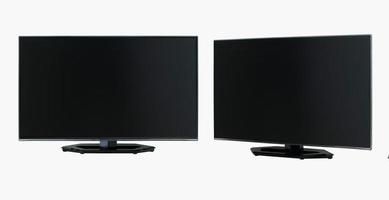 moderne lcd-flatscreen-tv met metalen poten in twee posities op een witte achtergrond foto