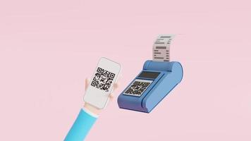 cartoon hand met mobiele smartphone met scan qr-code. qr-code scannen en online betalen, geld overmaken. elektronische, digitale technologie, barcode 3d illustratie foto