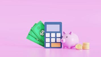 roze spaarvarken met rekenmachine en gouden munten. geld besparen, rijkdom en financieel en begin met het opslaan van concept, kopieer ruimte, 3D-renderingillustratie foto