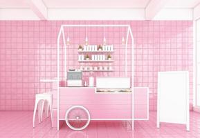 minimale stijl coffeeshop met roze achtergrond en wit winkelbord, roze muur en roze tegelvloer, 3D-rendering. foto