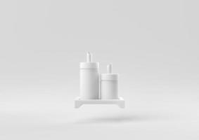 witte kruidenflessen die op witte achtergrond drijven. minimaal concept idee creatief. monochroom. 3D render. foto