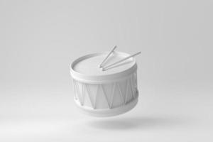 trommel en houten drumstokken. muziekinstrument op witte achtergrond. papier minimaal concept. 3D render. foto