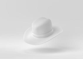 witte cowboyhoed die op witte achtergrond drijft. minimaal concept idee creatief. monochroom. 3D render. foto