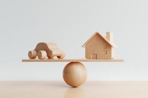 huis en auto munt met balanceren weegschaal op houten achtergrond. financieel en transportproductieconcept. lening en onroerend goed thema. 3D illustratie weergave foto