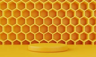 gele honingraatachtergrond met minimaal podiumpodium voor reclame. object en abstract concept. 3D illustratie weergave foto