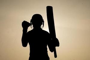 silhouet van een cricketspeler die viert nadat hij een eeuw in de cricketwedstrijd heeft gespeeld. Indiase cricketspelers en sportconcept. foto