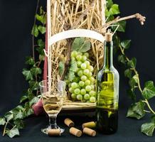 wijnfles, glas en druiven foto