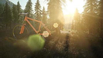 fiets in bergbos bij zonsondergang foto