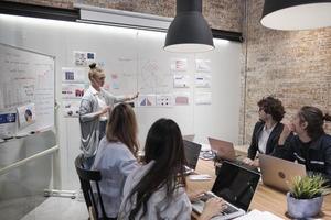 vergadering van een professioneel team, multiraciale collega's en collega's gebrainstormd en presentatie in de vergaderruimte van het kantoor met een blanke vrouwelijke baas, over financiën en marketing. foto