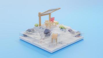 model geel bureau met roze computer. gelegen op het eiland in het midden van de zee op de achtergrond van de blauwe zee. isolatie idee concept, 3d render. foto