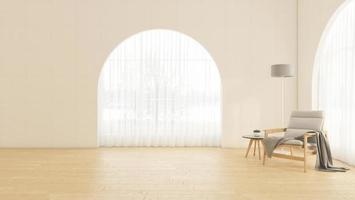 lege kamer met gebogen raam en witte muur, minimalistische fauteuil en bijzettafel, staande lamp. 3D-rendering foto