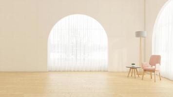 lege kamer met gebogen raam en witte muur, minimalistische fauteuil en bijzettafel, staande lamp. 3D-rendering foto