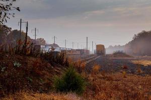 spoorweg in het bos op een mistige herfstdag. foto