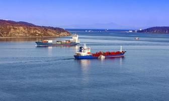 groot containerschip en koelschip aan de blauwe zee foto