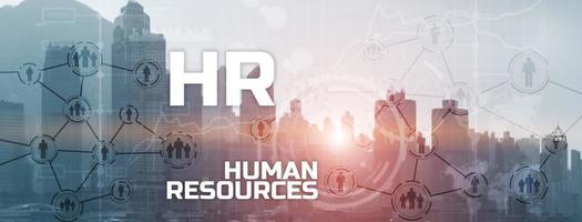 hr - human resources management en wervingsconcept op moderne stad. dubbele blootstelling mensen netwerkstructuur foto