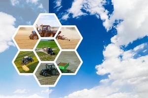agrarische achtergrond met infographics, tractor in een veld tegen een blauwe hemelachtergrond foto