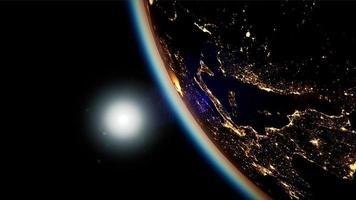 ruimte, zon en planeet aarde 's nachts foto