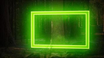neon gloeiend rechthoekig frame in het nachtbos foto