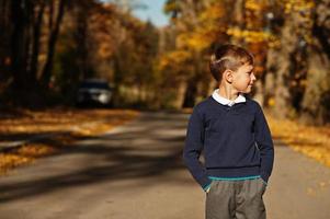 jonge jongen draagt poloshirt en klassieke trui pose op herfst achtergrond. foto