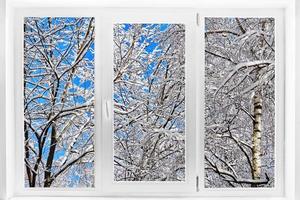 kunststof raam met een winters uitzicht met boomtakken bedekt met sneeuw op blauwe hemelachtergrond foto