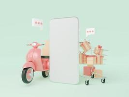 e-commerce concept, online winkelen en bezorgservice op mobiele applicatie, transport of eten bezorgen per scooter, 3D-rendering foto