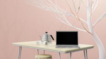 laptop op bureau naast muur met plant ernaast. zijlicht schaduwt de bomen. ruimte voor banner en logo achtergrond. 3D render. foto