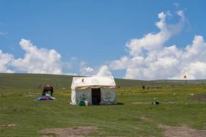 de blauwe lucht en witte wolken naast het Qinghai-meer, evenals enkele tenten en gebedsvlaggen op het grasland foto