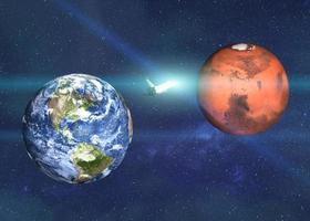 Space shuttle vlucht van aarde naar Mars planeten van het zonnestelsel in diepblauwe ruimte met lens flare. Mars verkenningsmissie. 3D render illustratie. elementen van deze afbeelding zijn geleverd door nasa foto