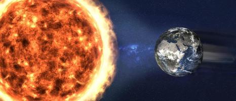 zonnestorm in de ruimte. zonnestraling stroomt naar de planeet aarde. 3D render illustratie. elementen van deze afbeelding zijn geleverd door nasa foto