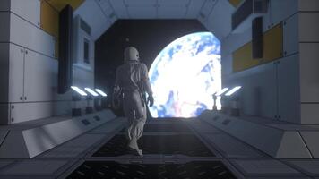 astronaut in futuristisch ruimteschip. zicht op de aarde. concept voor fantastische, futuristische of ruimtevaartachtergronden. 3D-rendering foto