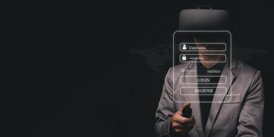 login of registreer login op het systeem met de online digitale wereld, metaverse beveiligingssysteem. foto