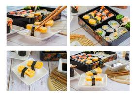set van verschillende sushi, tamagoyaki, krabsticks sushi en maki in bento box geserveerd met sojasaus en wasabi. heerlijk Japans eten. foto