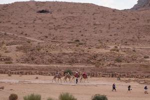 rijden op kameel in wadi musa spoor van petra. foto