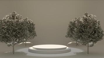 abstracte achtergrond van podium podium met boom en licht, 3d illustratie rendering foto