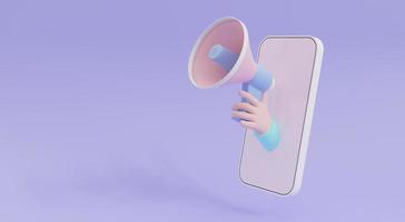 3D illustratie cartoon hand met megafoon die uit de mobiele telefoon komt op paarse achtergrond met kopie ruimte foto