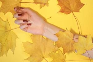 mooie vrouwenhanden op papier gele achtergrond, herfst handverzorgingsconcept foto