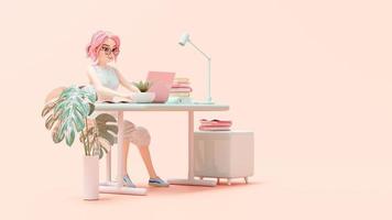 gelukkige jonge vrouw zittend op een stoel. geniet van het bestuderen van leren en het onderzoeken van informatie van de computer. roze laptop wordt op het bureau geplaatst. stripfiguur, 3D-rendering foto