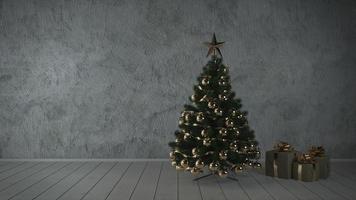 versierde kerstboom met veel cadeautjes in een lege grijze klassieke kamer. 3D-rendering foto