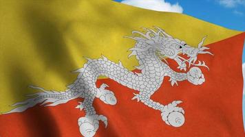 Bhutan vlag zwaaien in de wind, blauwe hemelachtergrond. 3D-rendering foto